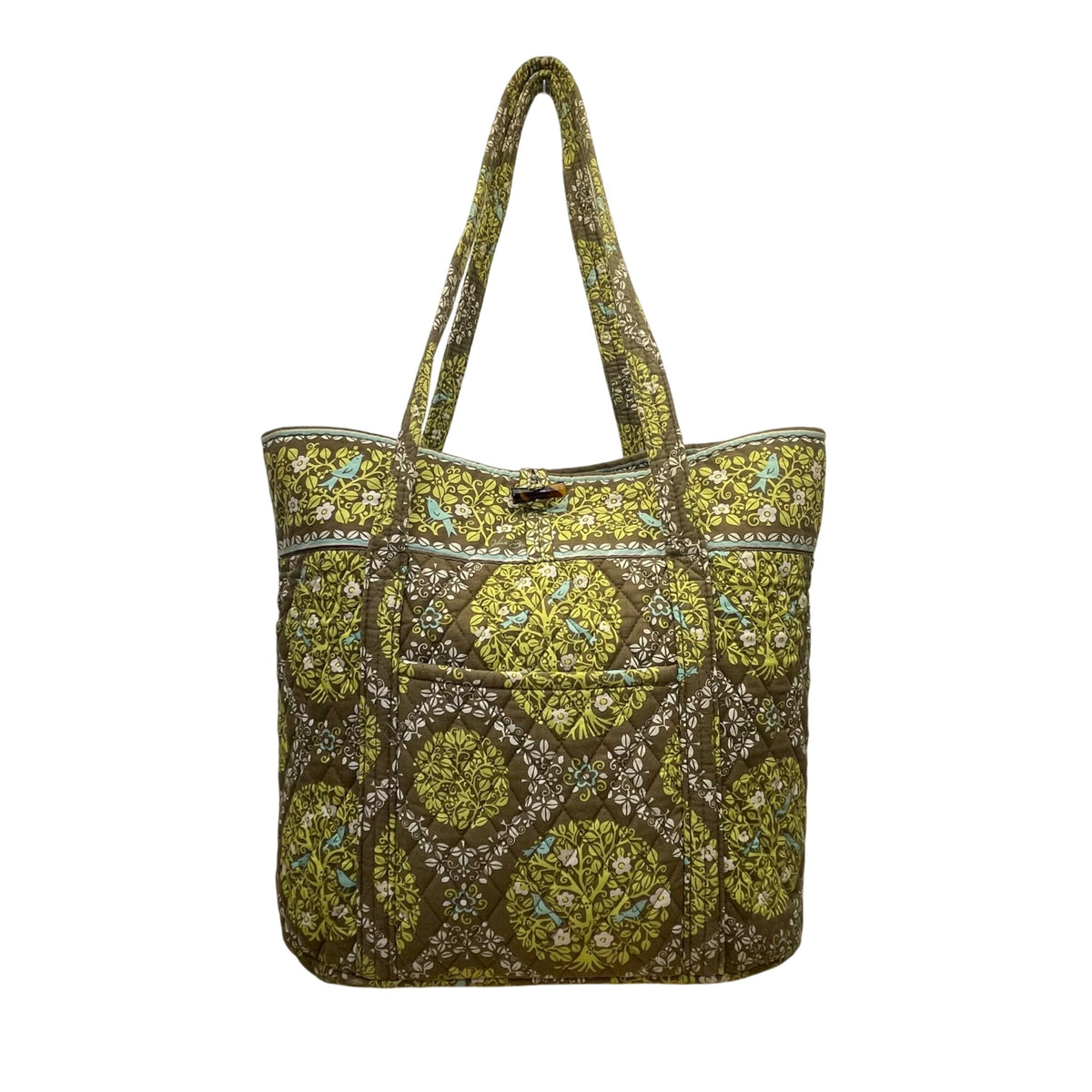 Vera Bradley Women’s Green Brown Quilted Floral Pattern Zipper Pocket Tote Bag