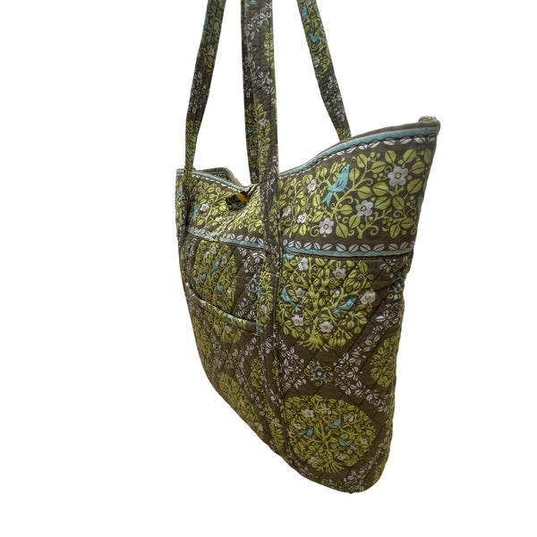 Vera Bradley Women’s Green Brown Quilted Floral Pattern Zipper Pocket Tote Bag