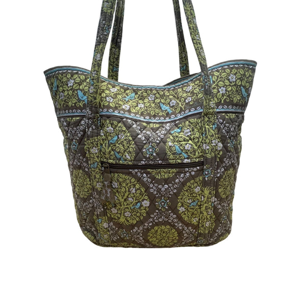 Vera Bradley Women’s Green Brown Quilted Floral Pattern Zipper Pocket Tote Bag