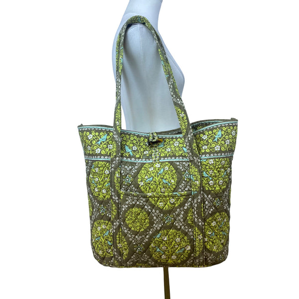 Vera Bradley Women’s Green Brown Quilted Floral Pattern Zipper Pocket Tote Bag