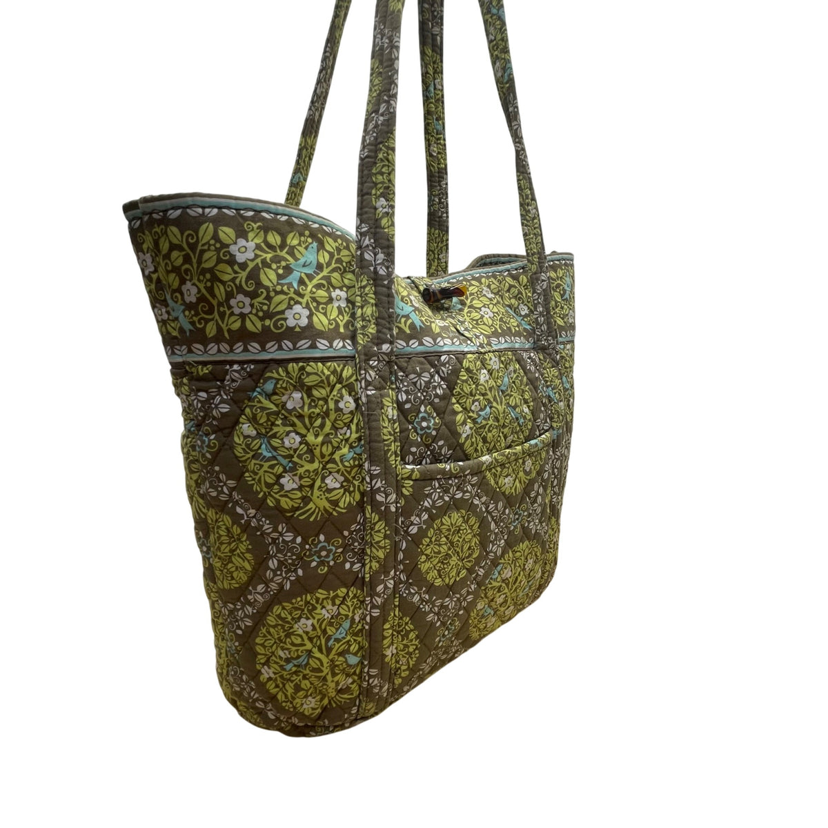 Vera Bradley Women’s Green Brown Quilted Floral Pattern Zipper Pocket Tote Bag