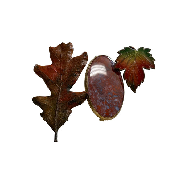 Vintage Leaf Brooch Set W/ Jasper Stone Oval Pin & Autumn Leaf Pins