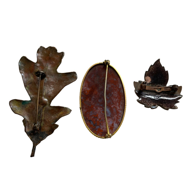 Vintage Leaf Brooch Set W/ Jasper Stone Oval Pin & Autumn Leaf Pins