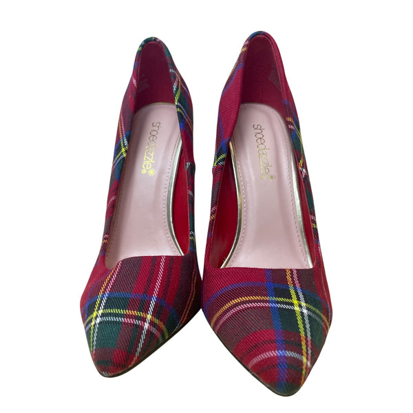 ShoeDazzle Womens Red Plaid Pointed-Toe Pumps With Gold Stiletto Heels Size 8.5