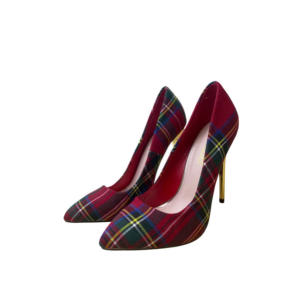 ShoeDazzle Womens Red Plaid Pointed-Toe Pumps With Gold Stiletto Heels Size 8.5