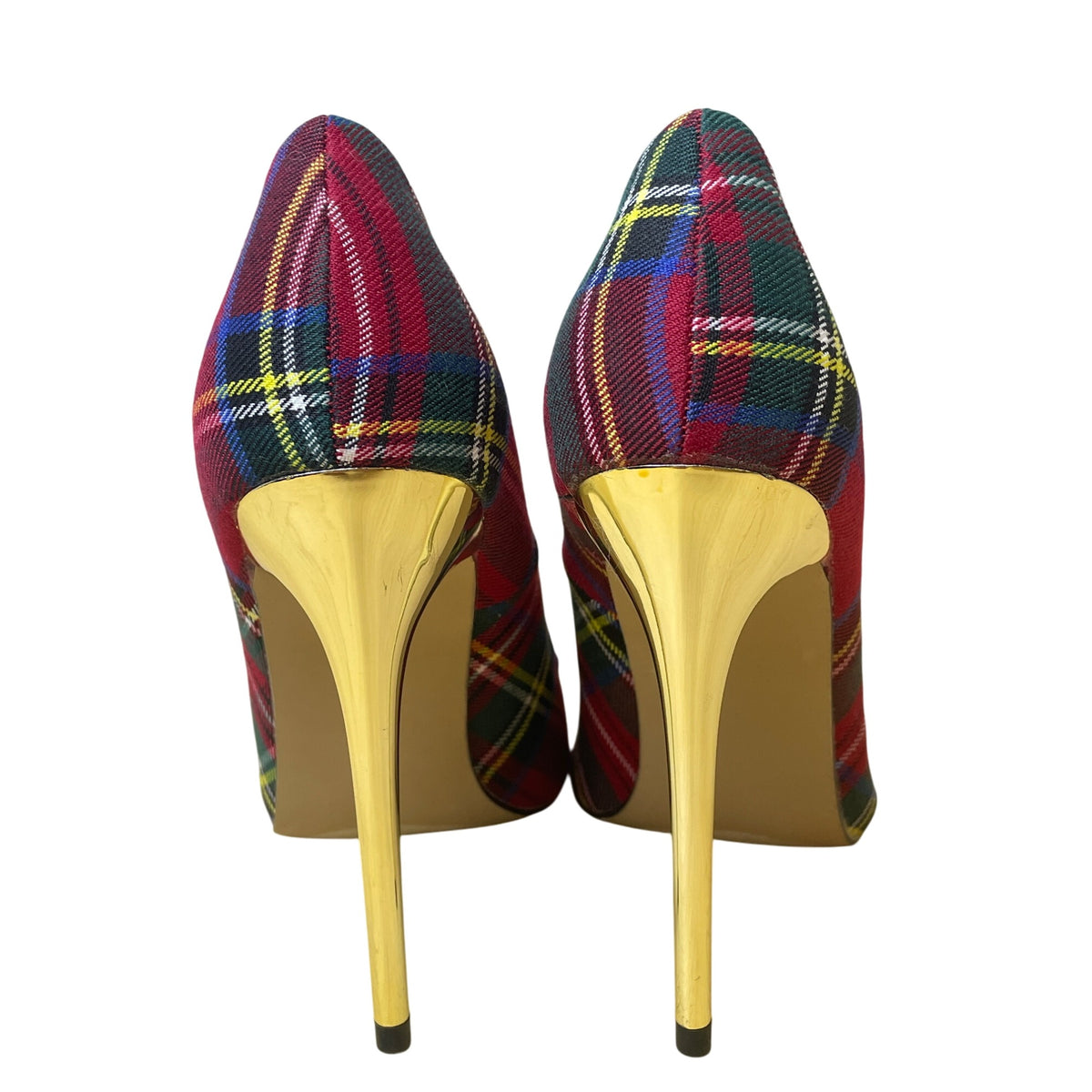 ShoeDazzle Womens Red Plaid Pointed-Toe Pumps With Gold Stiletto Heels Size 8.5