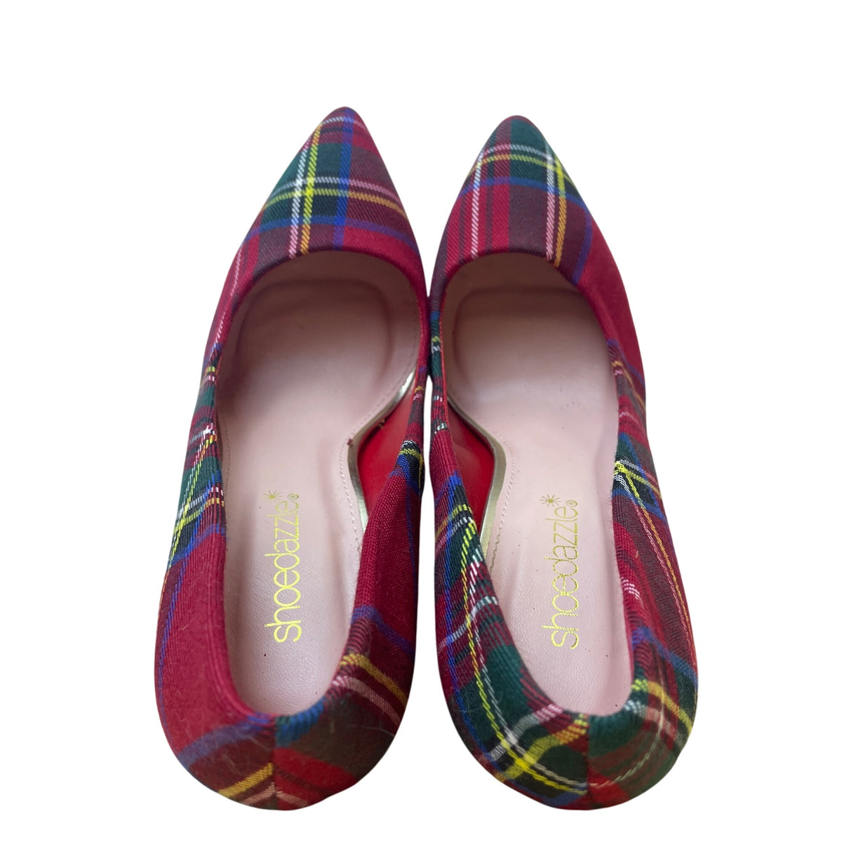 ShoeDazzle Womens Red Plaid Pointed-Toe Pumps With Gold Stiletto Heels Size 8.5