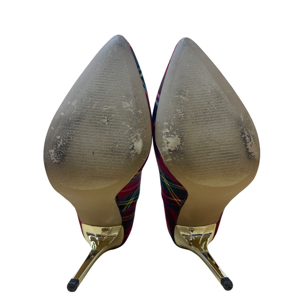 ShoeDazzle Womens Red Plaid Pointed-Toe Pumps With Gold Stiletto Heels Size 8.5