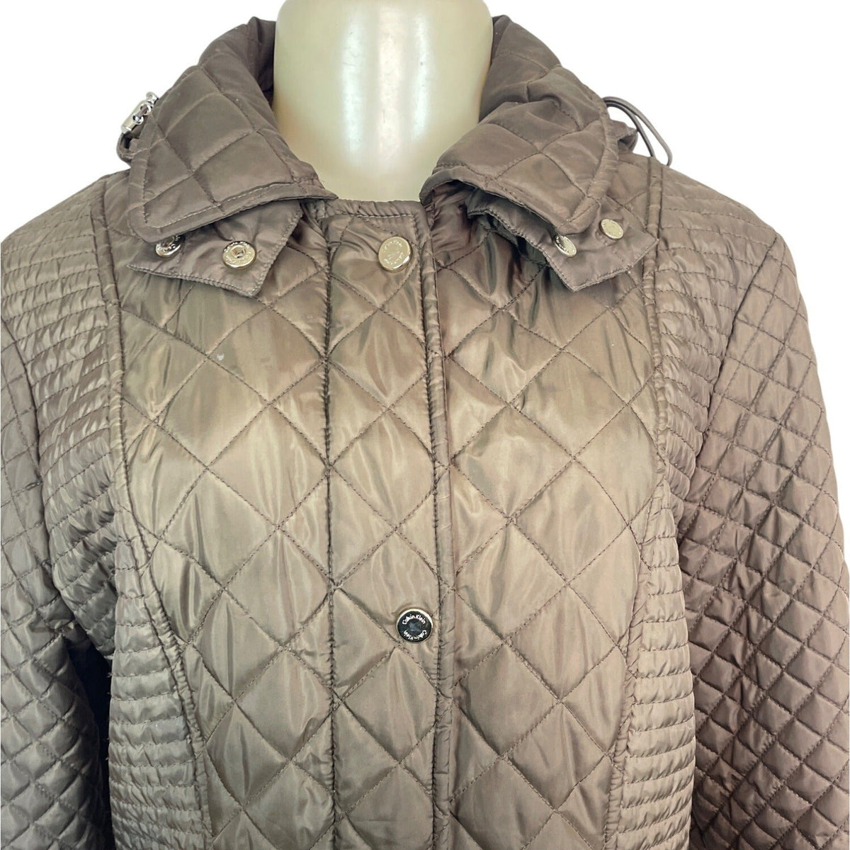 Calvin Klein Womens Brown Hooded Quilted and Hooded Jacket Sz L