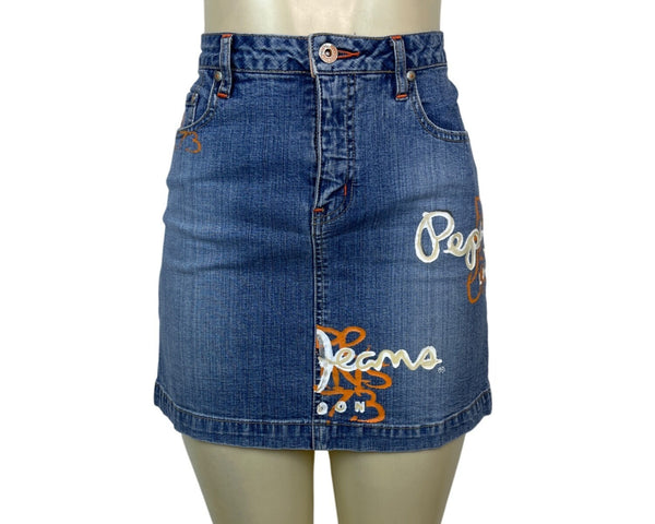 Pepe Jeans UK 73 Denim Mini Skirt With Orange Graffiti Drip Paint Sz L