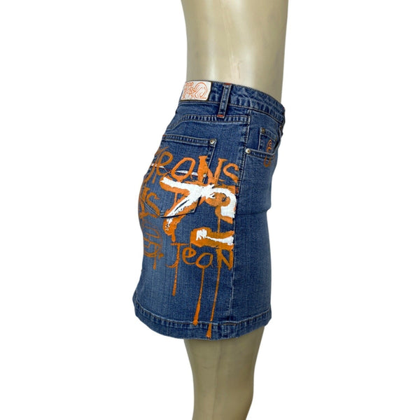 Pepe Jeans UK 73 Denim Mini Skirt With Orange Graffiti Drip Paint Sz L
