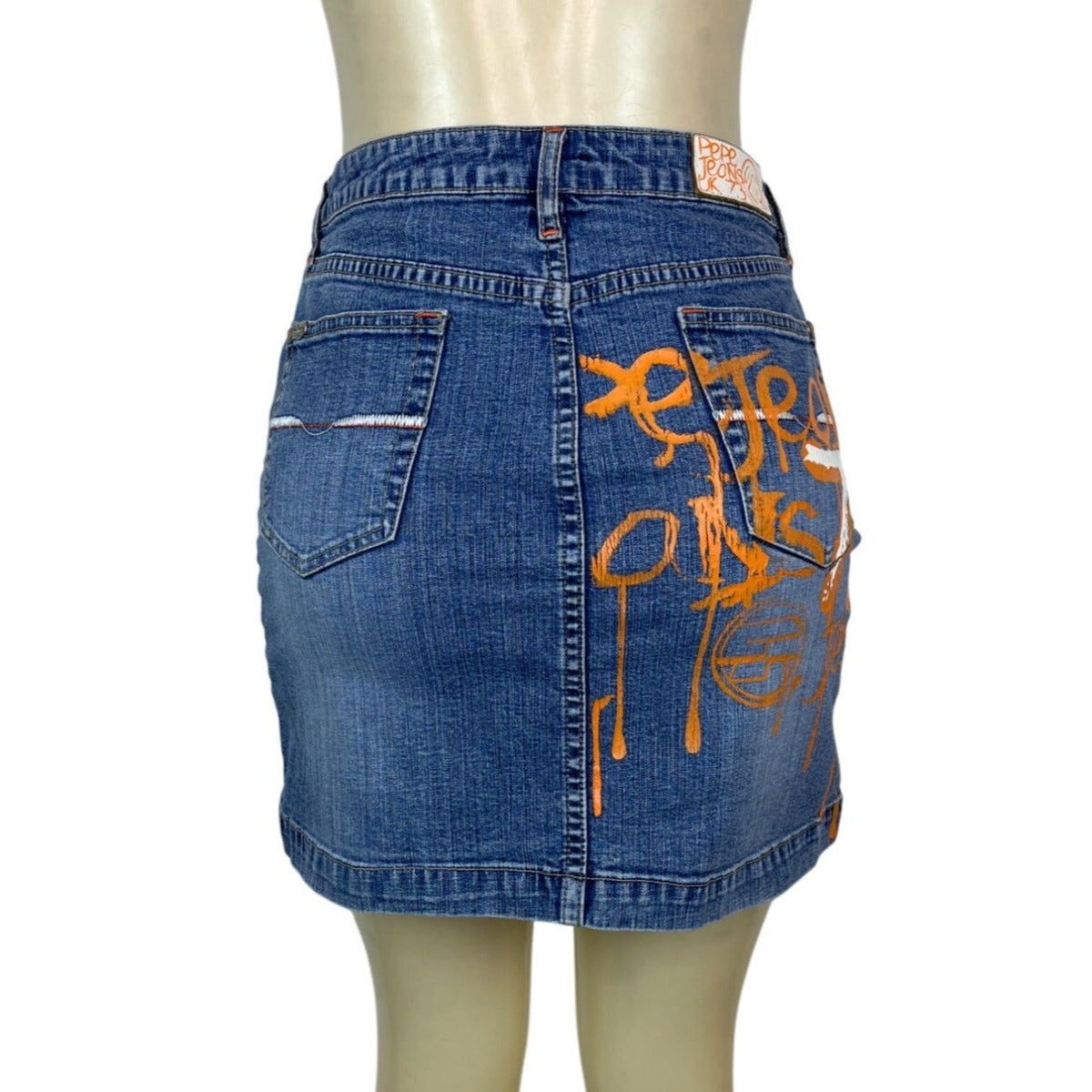 Pepe Jeans UK 73 Denim Mini Skirt With Orange Graffiti Drip Paint Sz L