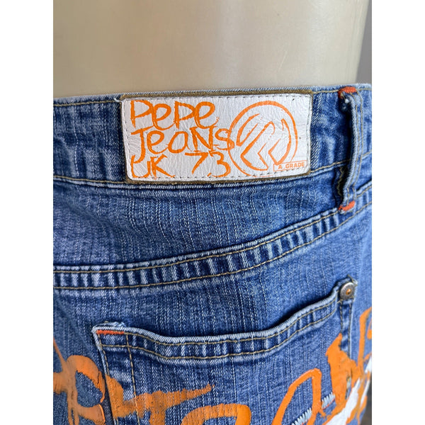 Pepe Jeans UK 73 Denim Mini Skirt With Orange Graffiti Drip Paint Sz L