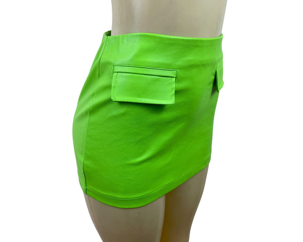 Indigo Octopus Bright Lime Green Leather Mini Skirt W/Side Pockets Sz S - New