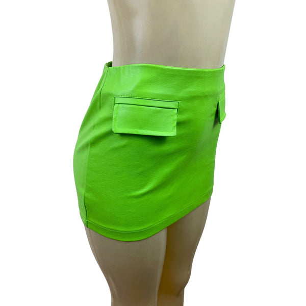 Indigo Octopus Bright Lime Green Leather Mini Skirt W/Side Pockets Sz S - New