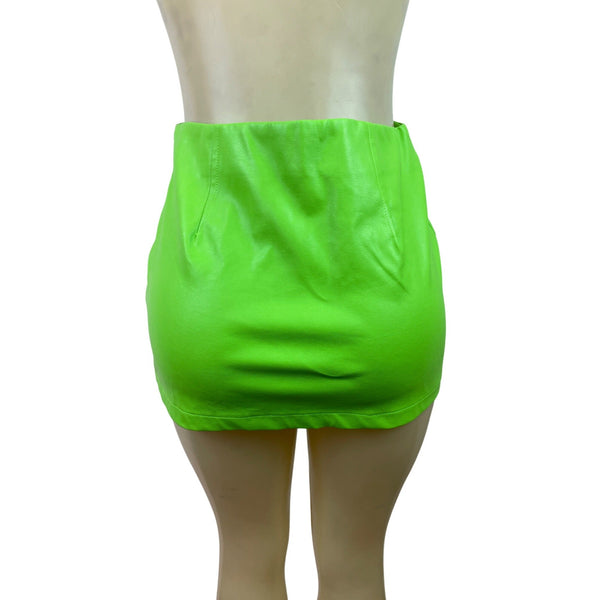 Indigo Octopus Bright Lime Green Leather Mini Skirt W/Side Pockets Sz S - New