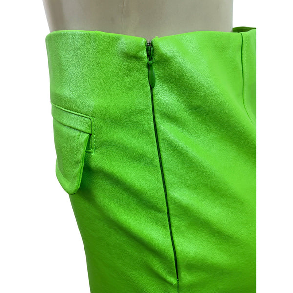 Indigo Octopus Bright Lime Green Leather Mini Skirt W/Side Pockets Sz S - New