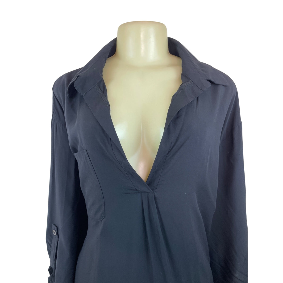 Ekouaer Loose-Fit Deep V-Neck Black Dress With Roll-Up Sleeves Size XXXL - New
