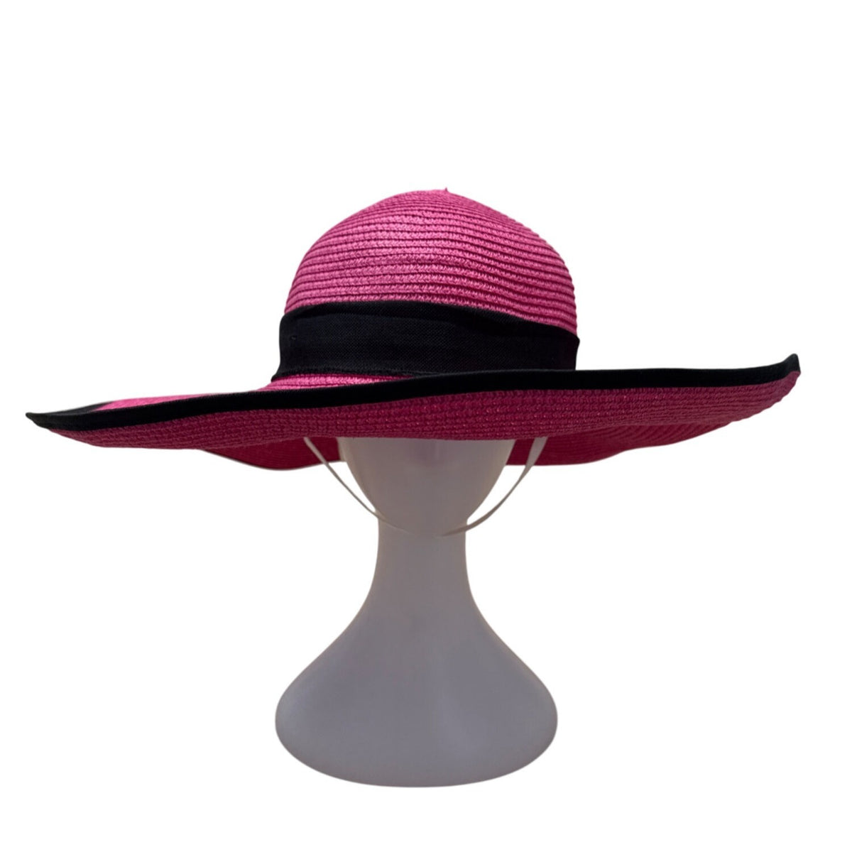 Pink Wide-Brim Straw Hat With Black Ribbon Bow Trim Womens Sunhat