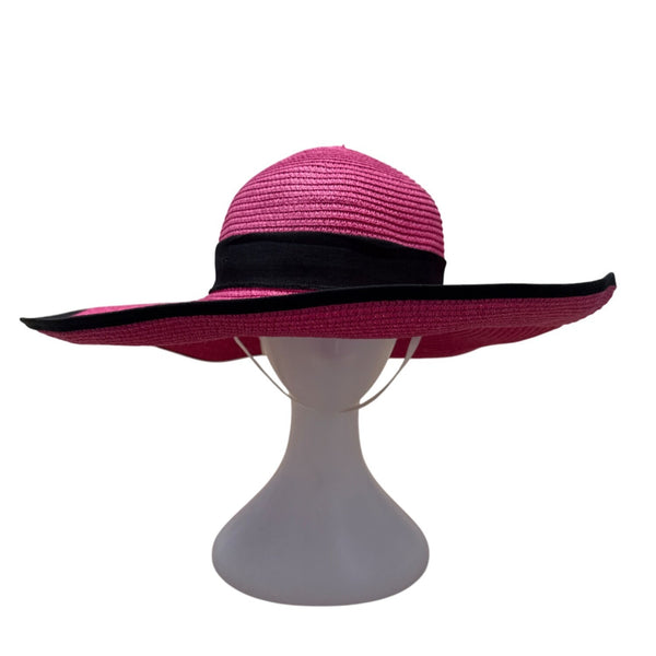 Pink Wide-Brim Straw Hat With Black Ribbon Bow Trim Womens Sunhat