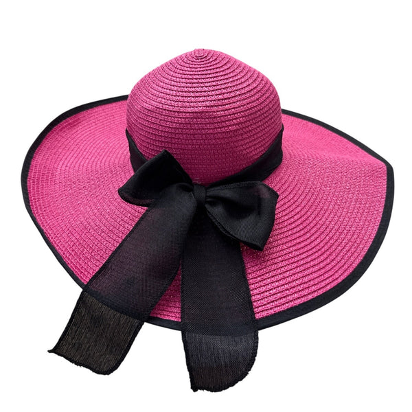 Pink Wide-Brim Straw Hat With Black Ribbon Bow Trim Womens Sunhat