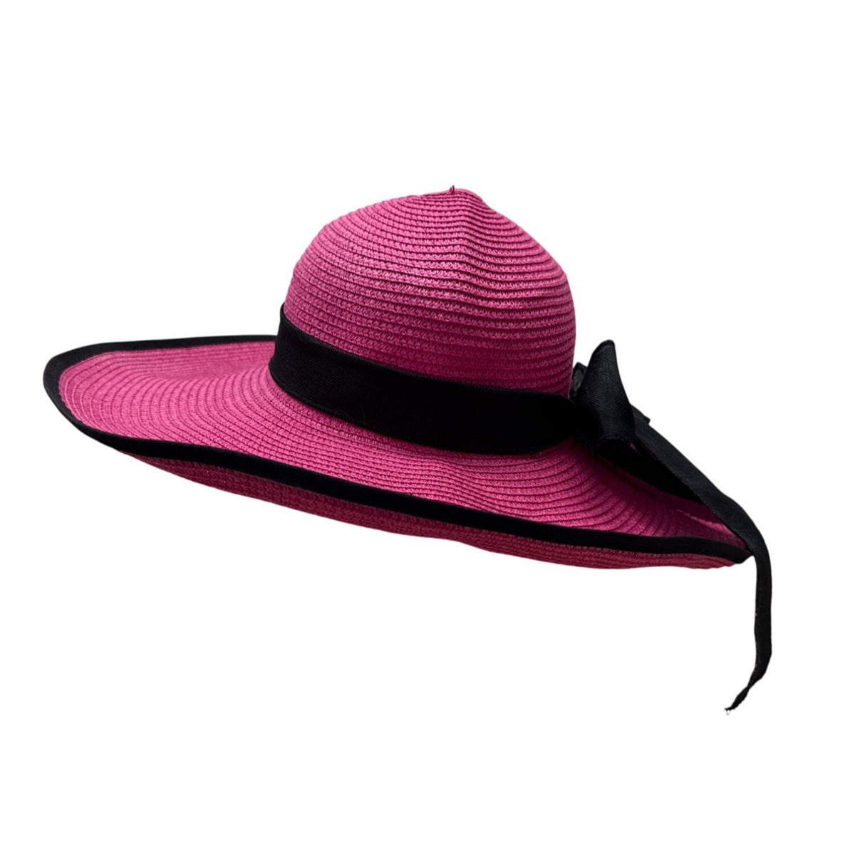 Pink Wide-Brim Straw Hat With Black Ribbon Bow Trim Womens Sunhat