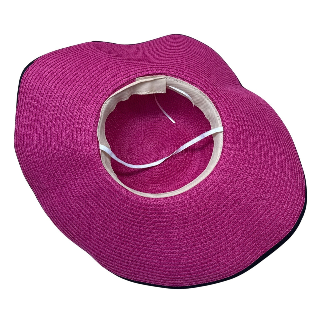 Pink Wide-Brim Straw Hat With Black Ribbon Bow Trim Womens Sunhat