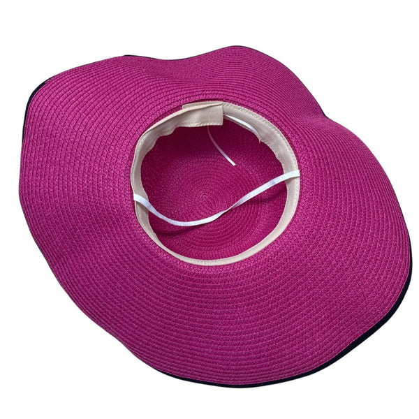Pink Wide-Brim Straw Hat With Black Ribbon Bow Trim Womens Sunhat