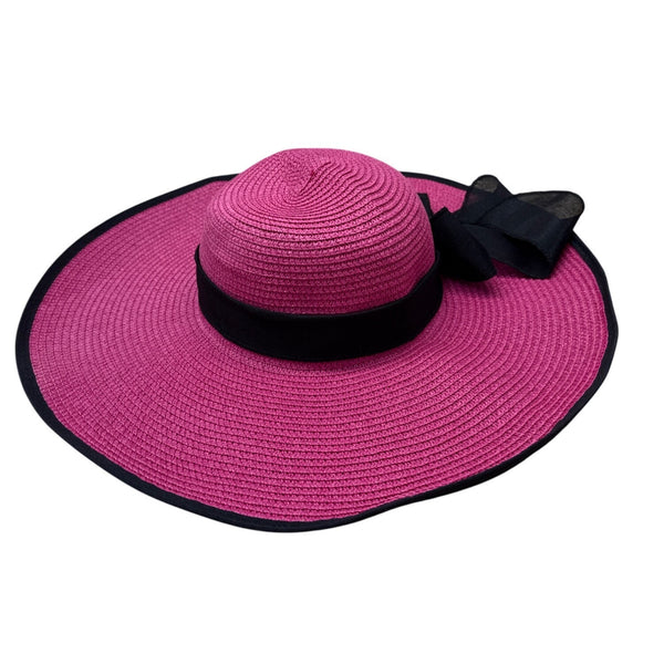 Pink Wide-Brim Straw Hat With Black Ribbon Bow Trim Womens Sunhat