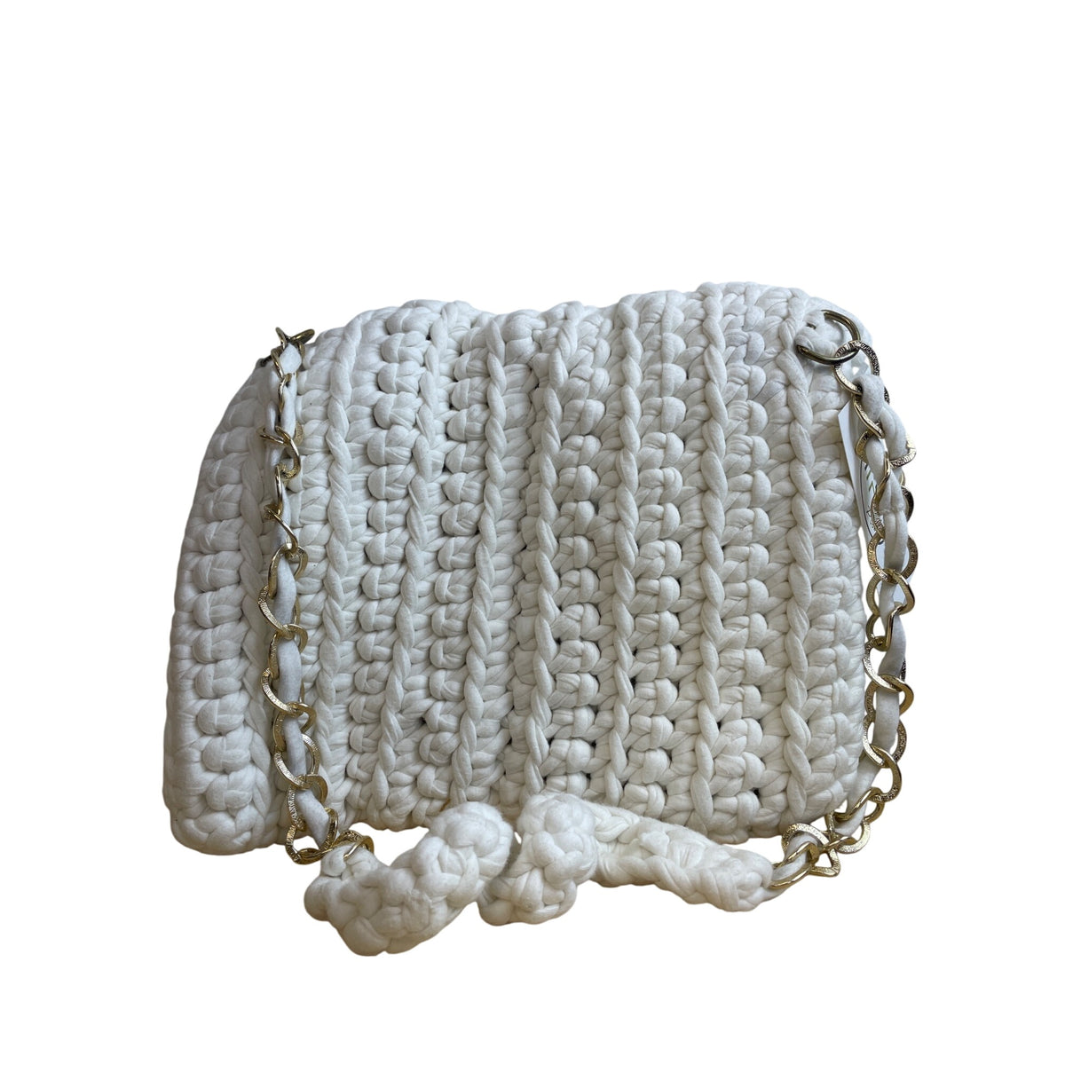 Handcrafted Womens White Knit Crochet Crossbody Bag With Chain Strap