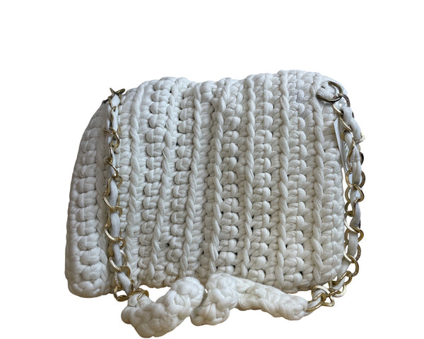 Handcrafted Womens White Knit Crochet Crossbody Bag With Chain Strap