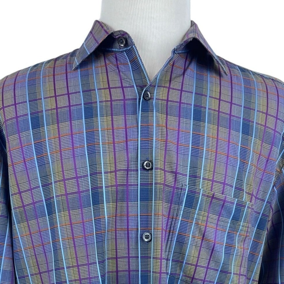 Robert Barakett Men's Purple and Blue Plaid Button Up Long Sleeve Shirt Sz XL
