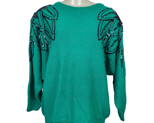 Vintage Karen & Co Sequin Embellished Green Sweater Womens Knit Top Size M - New