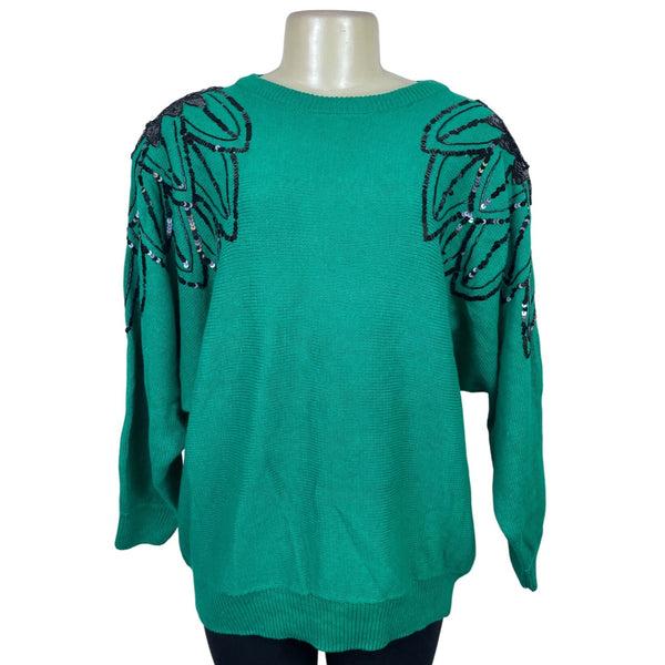 Vintage Karen & Co Sequin Embellished Green Sweater Womens Knit Top Size M - New