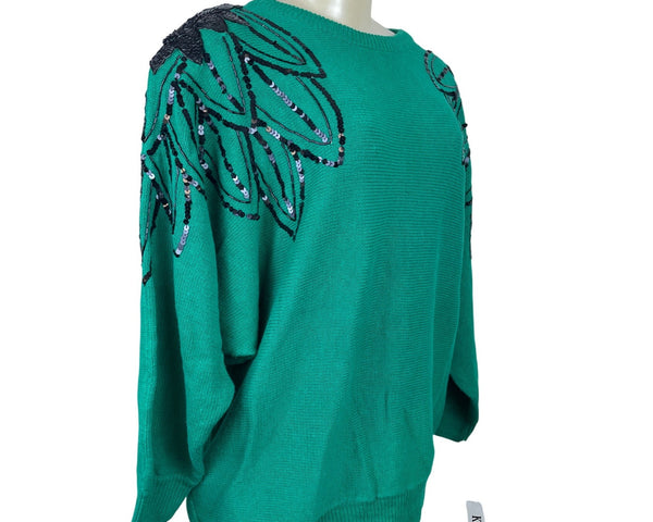 Vintage Karen & Co Sequin Embellished Green Sweater Womens Knit Top Size M - New