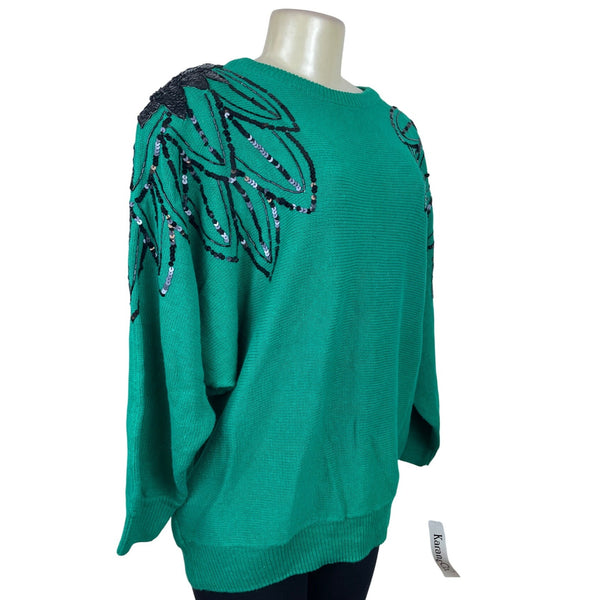 Vintage Karen & Co Sequin Embellished Green Sweater Womens Knit Top Size M - New