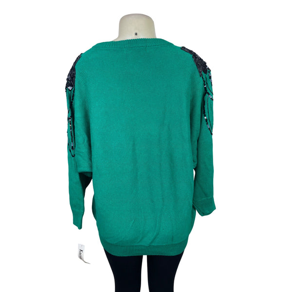 Vintage Karen & Co Sequin Embellished Green Sweater Womens Knit Top Size M - New