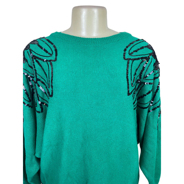 Vintage Karen & Co Sequin Embellished Green Sweater Womens Knit Top Size M - New