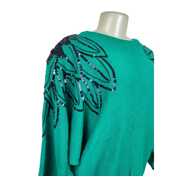 Vintage Karen & Co Sequin Embellished Green Sweater Womens Knit Top Size M - New