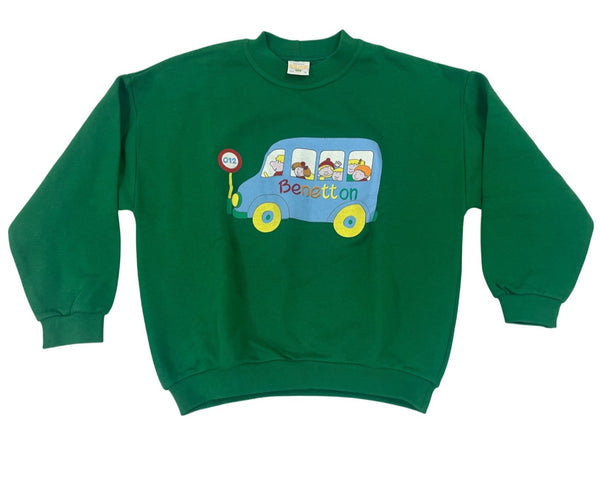 Vintage United Colors Of Benetton Green Kids Sweatshirt Bus Graphic Size M O12