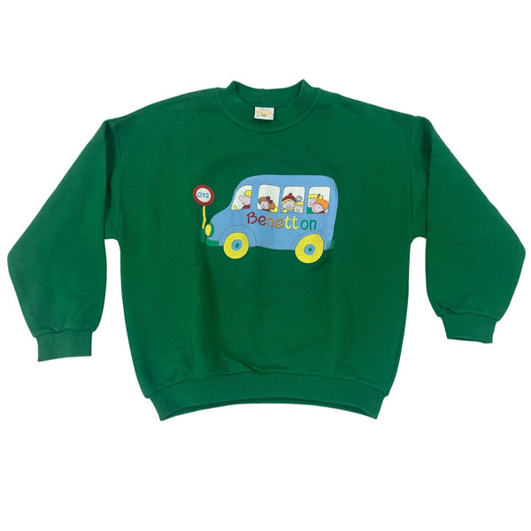 Vintage United Colors Of Benetton Green Kids Sweatshirt Bus Graphic Size M O12