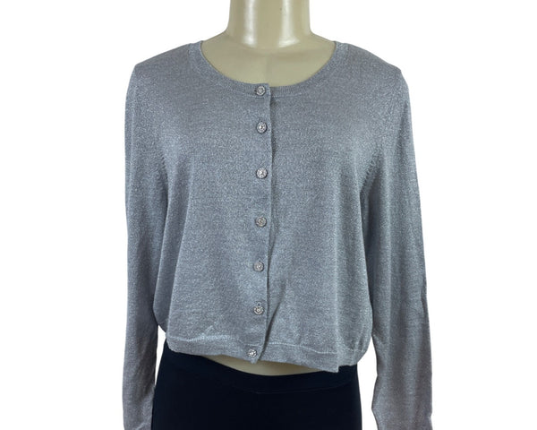 Talbots Woman Silver Metallic Button-Up Cardigan Sweater Sz 1X