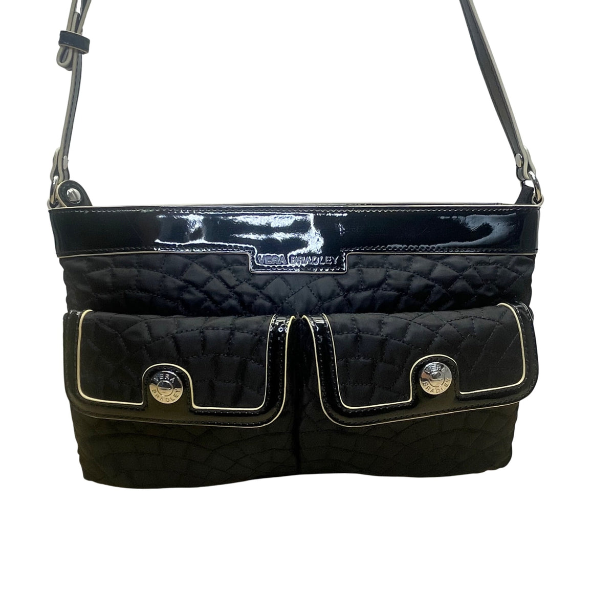 Vera Bradley Women’s Black Quilted Adjustable Strap Front Pockets Crossbody Bag