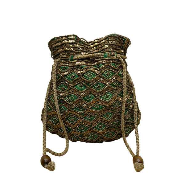 Vintage Handcrafted Green & Gold Beaded Drawstring Pouch With Decorative Sequins