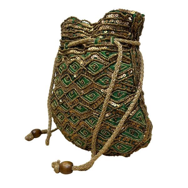 Vintage Handcrafted Green & Gold Beaded Drawstring Pouch With Decorative Sequins