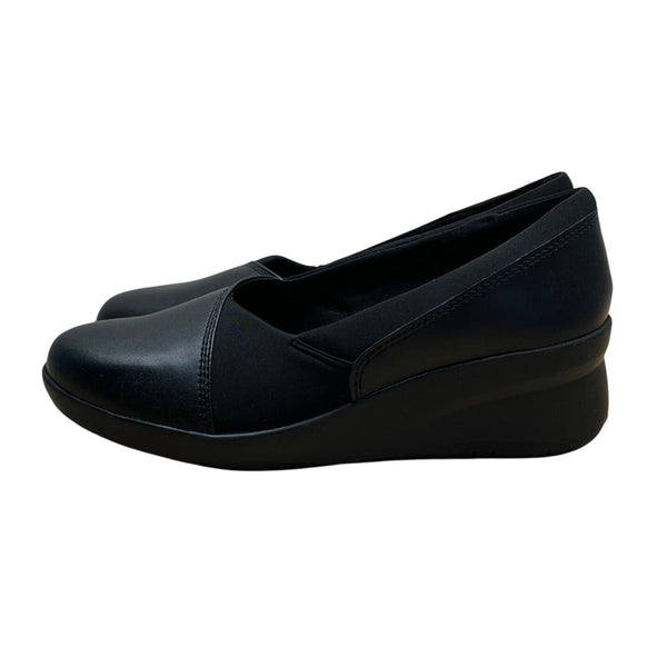 Clarks Women’s Black Leather Ultimate Suttyn Walk Slip-On Wedge Shoes Sz 7.5W