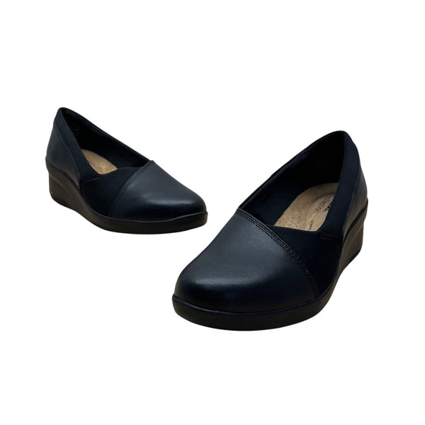 Clarks Women’s Black Leather Ultimate Suttyn Walk Slip-On Wedge Shoes Sz 7.5W