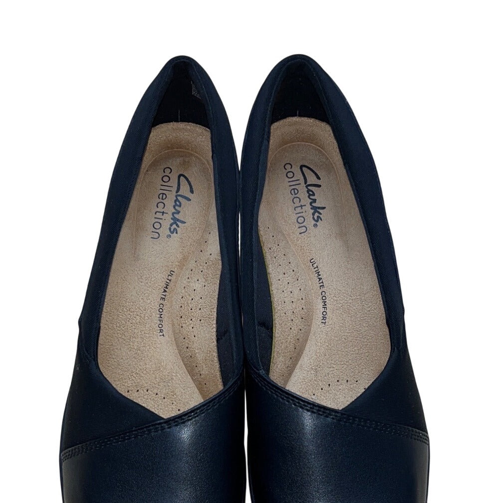 Clarks Women’s Black Leather Ultimate Suttyn Walk Slip-On Wedge Shoes Sz 7.5W
