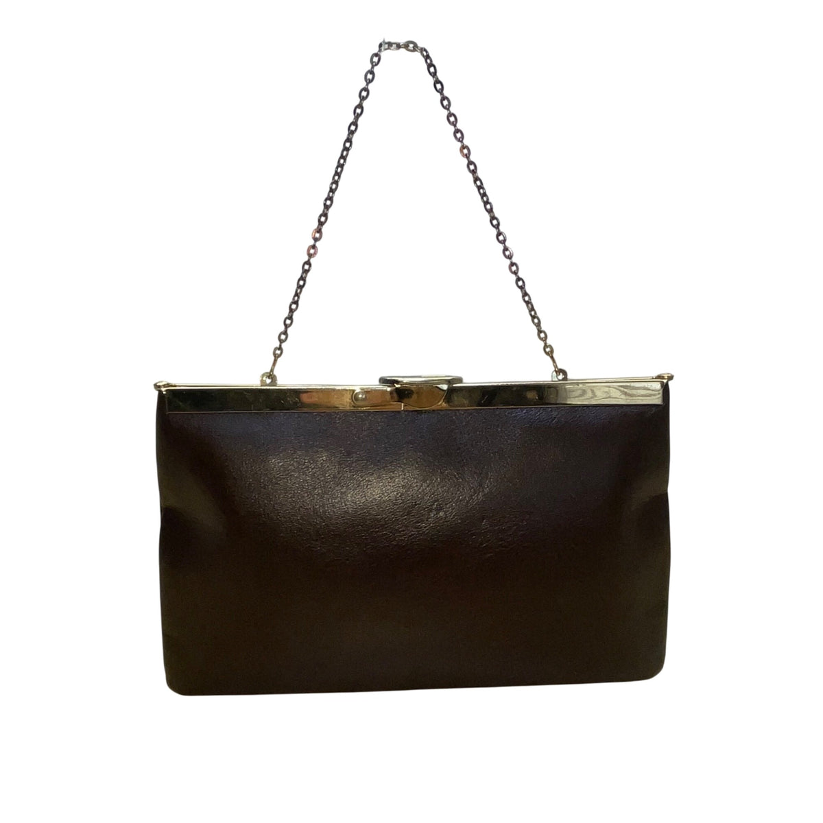 Vintage Etra Womens Black Leather Clutch Handbag Gold-Tone Chain Link Strap