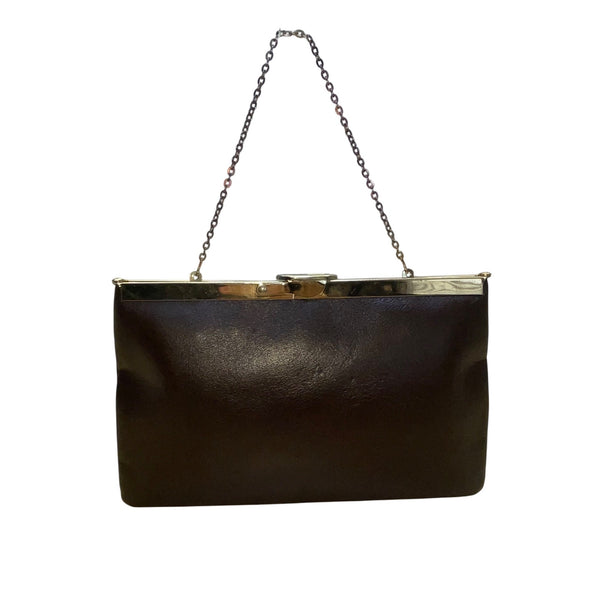 Vintage Etra Womens Black Leather Clutch Handbag Gold-Tone Chain Link Strap